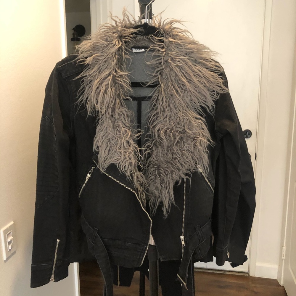 Somedays Lovin black denim jacket with fur detail